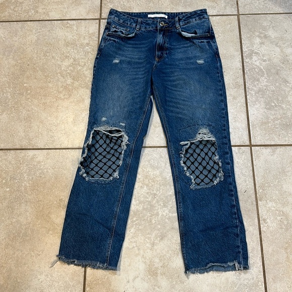 Zara Straight Crop Destroyed Fishnet Jeans 8 - Picture 1 of 7
